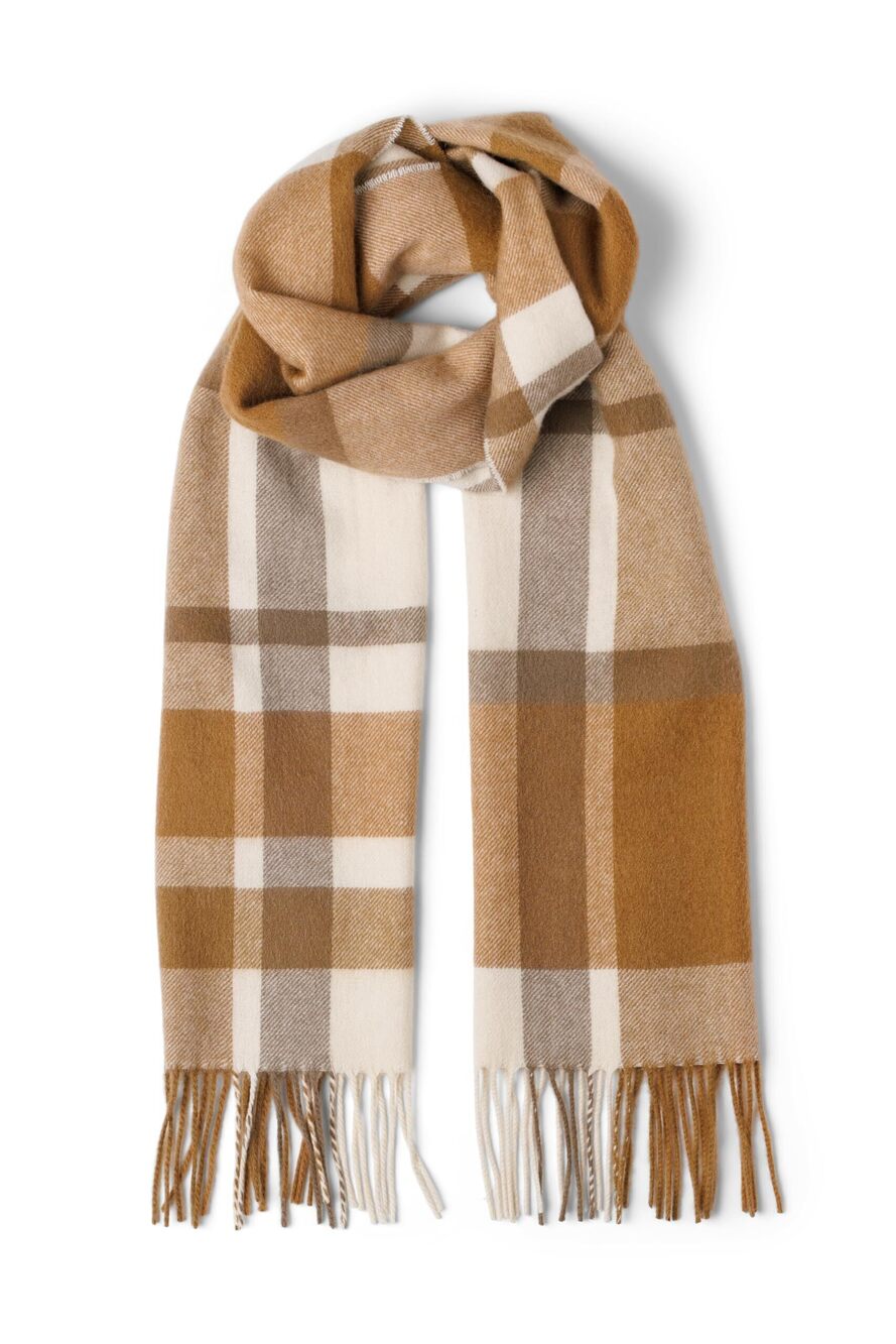 7944 100% Pure Cashmere Scarf, Warm and Comfortable Brown Cream Taupe Plaid